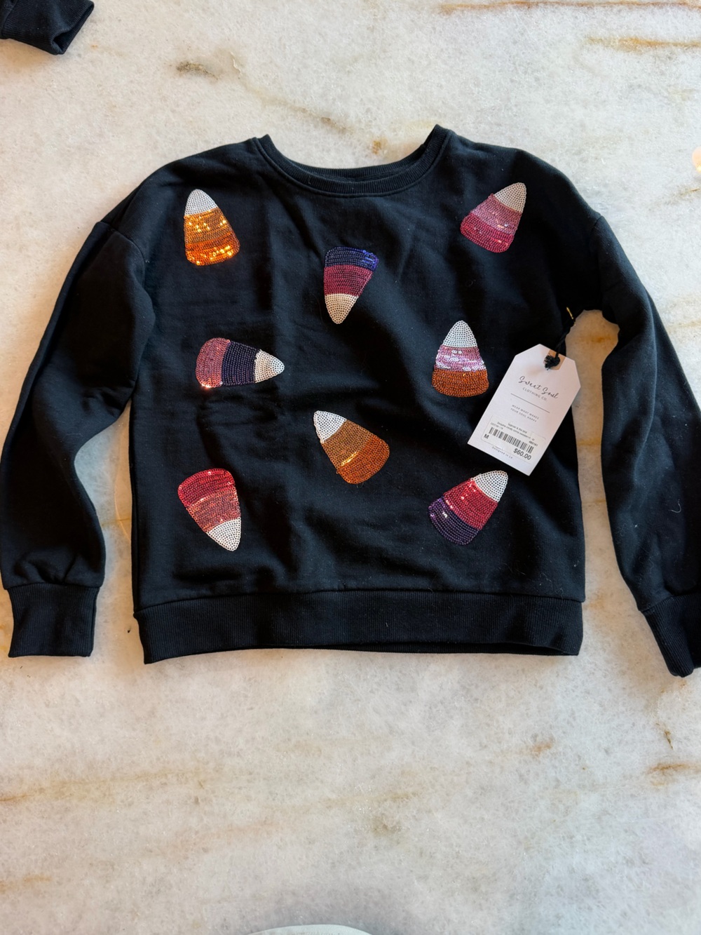 NWT Sweet Souls Clothing Co Black Sequin Candy Corn Sweatshirt - Girls Sz M